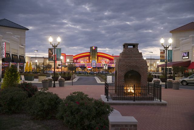 Waugh Chapel Towne Centre fireplace and view of movie theater